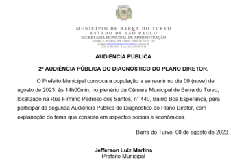 2ª AUDIÊNCIA PÚBLICA DO DIAGNÓSTICO DO PLANO DIRETOR, dia 09/08 às 14hs.