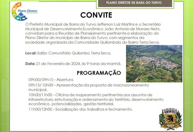 CONVOCAÇÃO PARA A REUNIÃO DE PLANEJAMENTO DE ELABORAÇÃO DO PLANO DIRETOR DE BARRA DO TURVO